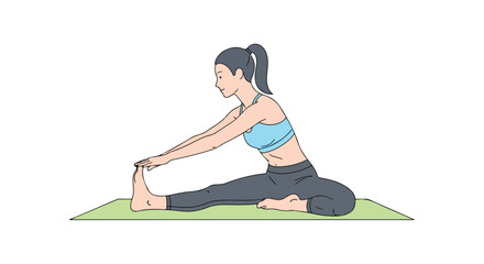 Illustration showcasing a young woman performing seated forward bend yoga pose for health, flexibility and well-being in a relaxed manner