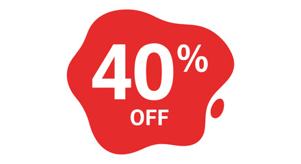 Bold forty percent off promotion graphic for sales events offering discounts, presented on an eye-catching red amorphous shape isolated on a clean