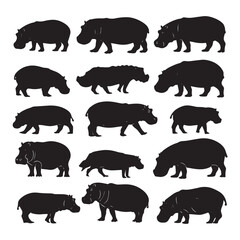 Fototapeta premium Collection of diverse hippo silhouettes in various poses isolated on white background