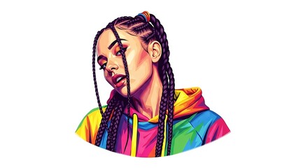 Fototapeta premium Vibrant portrait of a young woman with colorful braids and a rainbow hoodie expressing confidence and individuality