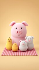 Cute animal figurines including a pig and fluffy chicks.