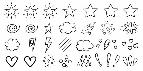 Collection of hand drawn doodle icons and symbols including stars clouds hearts lightning and rain drops