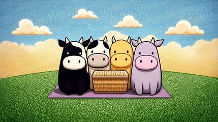 Colorful cartoon cows sitting together on a grassy field.