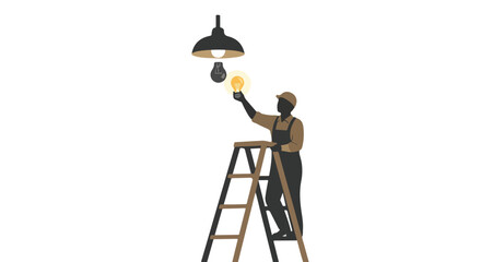 Electrician replacing a light bulb in a hanging lamp while standing on a ladder illustrating home maintenance and repair professional skill