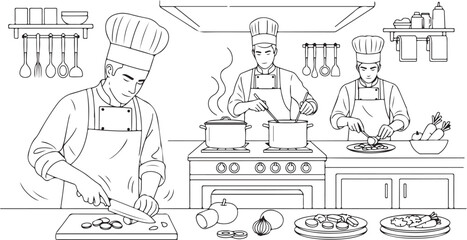 Chefs Cooking and Preparing Food in Kitchen Line Drawing