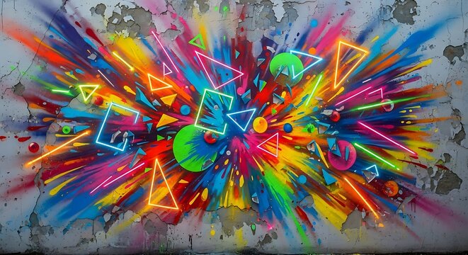Explosion of vibrant neon geometric shapes and light trails bursting outwards against a textured urban wall creating an energetic abstract background