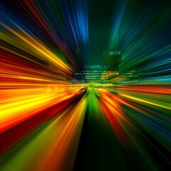 Vibrant abstract light streaks create a dynamic sense of speed and progress through a futuristic cityscape at night