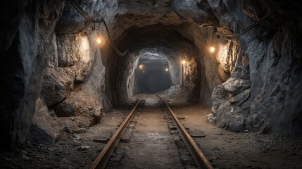 Dimly Lit Abandoned Mine Shaft with Railway Tracks and Rock Walls