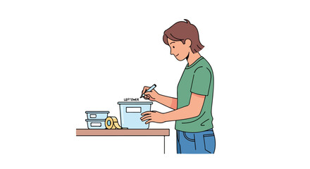 Illustrative scene depicting a person labeling food containers to organize leftovers in the kitchen setting for storage purposes at home and being