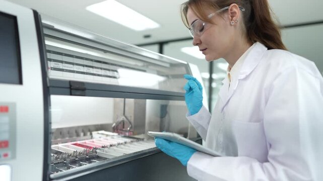 In a modern lab, a female scientist uses a tablet to monitor a large automated machine as it processes biological samples, combining human oversight with technological efficiency.