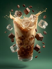 Indulge in a refreshing splash of creamy iced coffee perfection surrounded by floating chocolate cubes and roasted beans