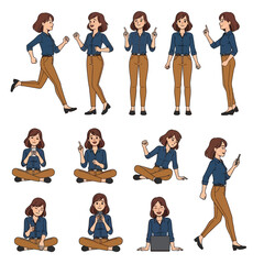 Obraz premium Diverse Poses of a Woman in Casual Attire - A Vector Illustration.