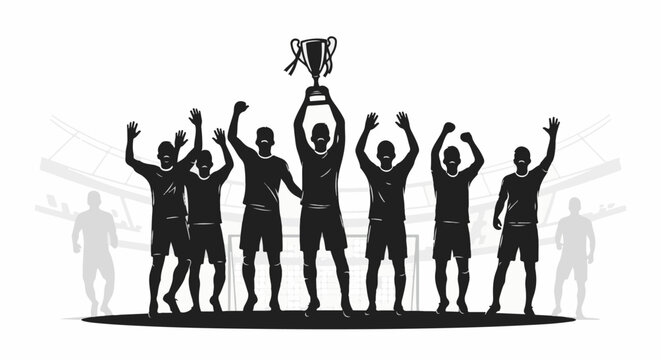 Silhouette of Soccer Team Celebrating Victory with Trophy