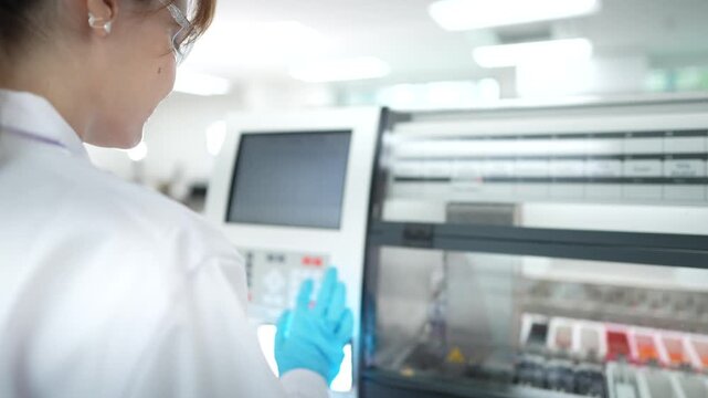 A histotechnologist operates an automated stainer, using a tablet to manage the protocol as slide racks with tissue samples move through a series of reagent baths for Hematoxylin and Eosin staining.