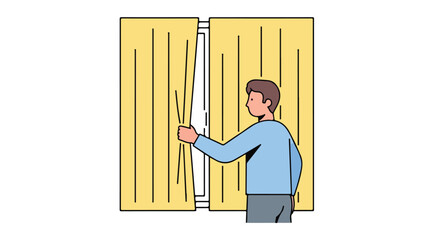 Illustration depicting a man opening light yellow window curtains to let the light in on a sunny day inside his modern home interior