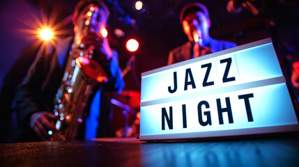 Vibrant JAZZ NIGHT Light Box Sign with Blurred Saxophonist | Energetic Music Club Scene with Dramatic Lighting & Bokeh Background
