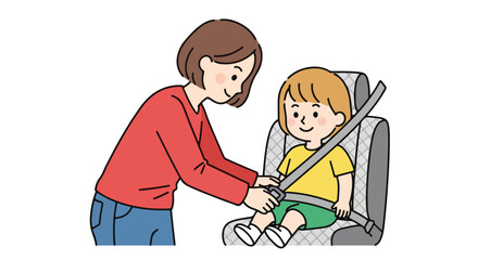 Responsible parent securing toddler in car seat, emphasizing safety and care during transportation drawing portrays mother ensuring child's well-being