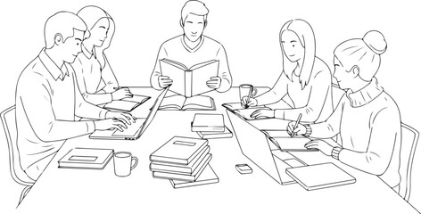 Group Study Session with Students Reading and Writing at Table