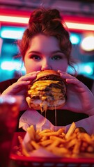 Woman holding a decadent, multi-patty cheeseburger oozing with melted cheese, preparing to take a massive bite in a vibrant fast food setting with french fries