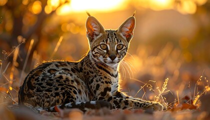 Obraz premium A captivating serval cat rests gracefully in the golden light of a sunset, showcasing its striking spotted coat.