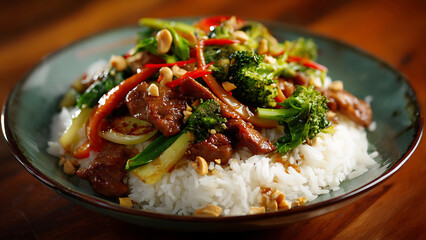 Glossy Beef and Broccoli Stir-fry with Red Peppers, Peanuts, and White Rice in a Teal Bowl