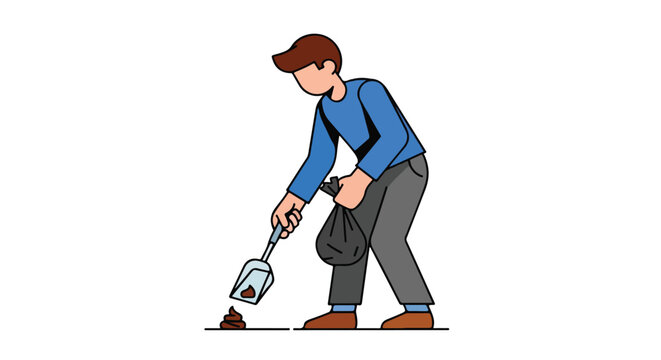 Responsible pet owner cleaning up dog waste with a scoop and bag outdoors during a stroll making sure cleanliness is guaranteed