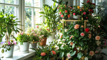 Vibrant Indoor Plant Collection on Sunny Windowsill | Lush Home Jungle, Blooming Flowers in White Pots, Urban Gardening