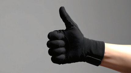 Ultra-Realistic 8K Cinematic Thumbs Up in Black Tactical Glove, Isolated on Gray for Professional Cutout