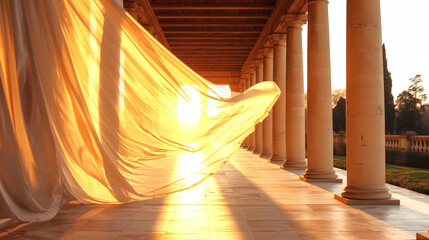Serene Golden Hour in Ancient Greece Sun-Drenched Marble Colonnade with Flowing Linen Drapes and Dramatic Shadows