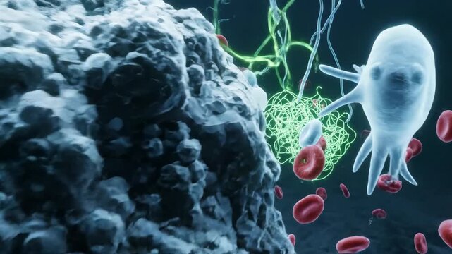 Human blood cells flowing through vein. Red and white blood cells, platelets, bacteria and viruses on dark background footage.