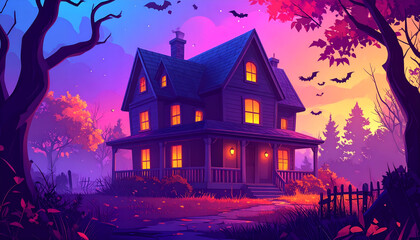 Spooky Halloween House with Bats and Colorful Sky.