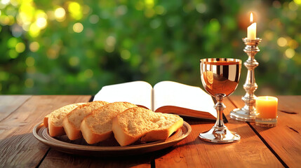 Sacred Communion Still Life Unleavened Bread & Red Wine in Sunlit Garden with Open Bible, High Definition Christian Ritual Photography