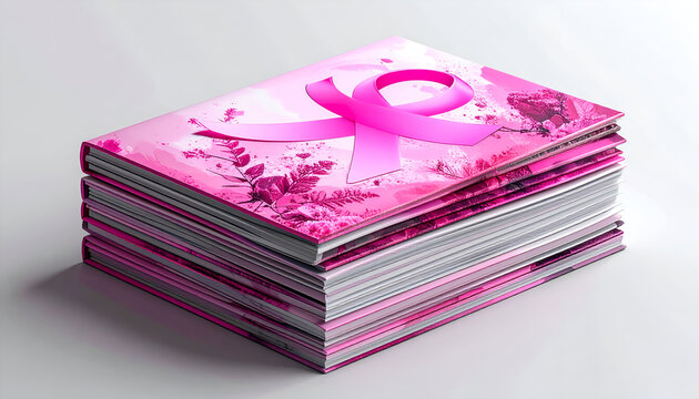 Stack of Pink Magazines with Breast Cancer Awareness Ribbon.