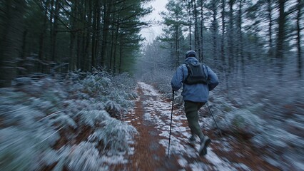 Man running along a snow-dusted forest trail, using trekking poles for support and balance during a challenging cold weather workout, featuring motion blur indicating movement and speed
