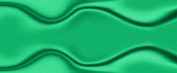 Abstract flowing green satin fabric background with soft wavy folds grainy texture