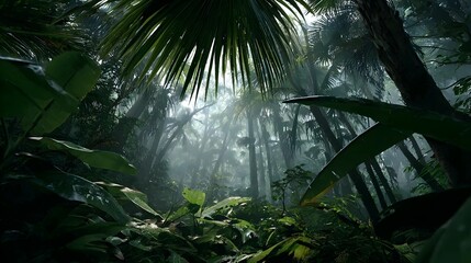 Mysterious lush rainforest canopy with ethereal sunbeams piercing through dense tropical foliage, evoking adventure and discovery.