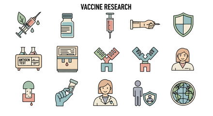 Vaccine Research Icons: Medical Science and Healthcare Illustration.