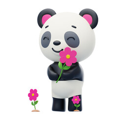 Panda Picking Flowers In The Garden 3D Character Illustration.