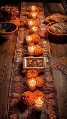 Day of the dead ofrenda with vibrant marigolds, glowing candles, framed portrait and traditional food on a patterned runner, honoring ancestors and mexican cultural heritage