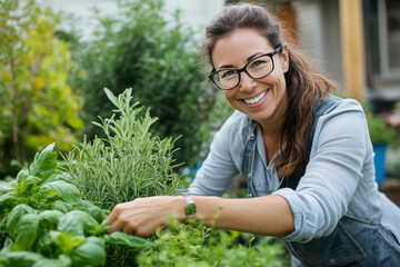 Smiling woman harvesting fresh basil and rosemary from her backyard herb garden. Agriculture Sustainable living.