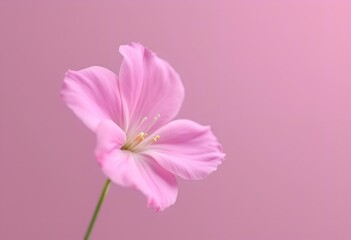 A single delicate pink flower blooming on a soft pink background.