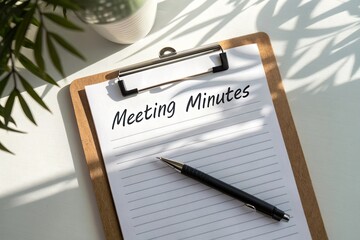 Meeting minutes recorded on a clipboard in a well-lit workspace with plants in the background