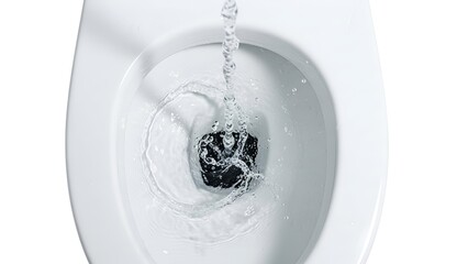Flushing White Toilet with Flowing Water and Dark Cleaner