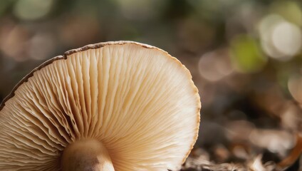 Close-up view from below of a mushroom cap, showing gills and forest floor bokeh
