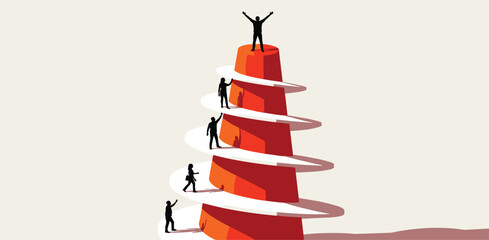 Illustration of people climbing a spiraling tower to reach the top, symbolizing success and achievement