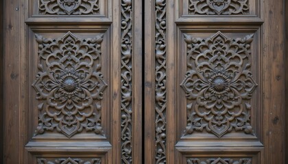 Traditional carved wooden door with geometric Islamic patterns