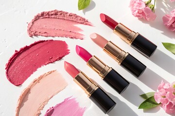 Vibrant selection of lipsticks arranged artistically with swatches and floral accents on a bright surface