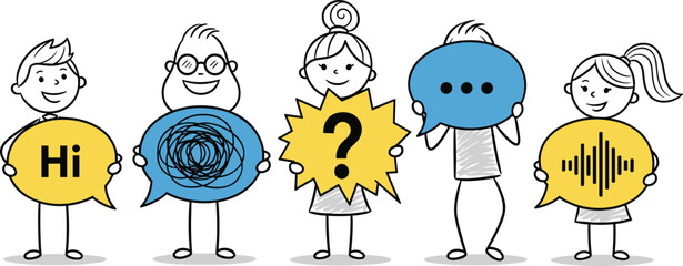 A diverse group of stick figures illustrating different communication styles and emotional states through speech bubbles, from clear greetings to complex confusion