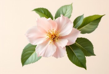 Obraz premium Delicate Pink Wild Rose Flower with Green Leaves.