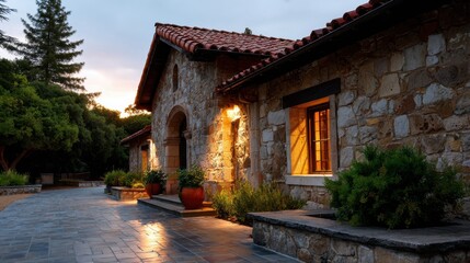 Fototapeta premium Rustic Stone Cottage at Dusk Surrounded by Lush Greenery